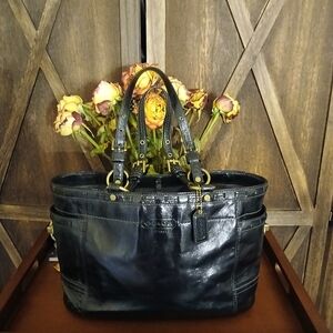 Coach Black Leather Tote with Gold Hardware Accents